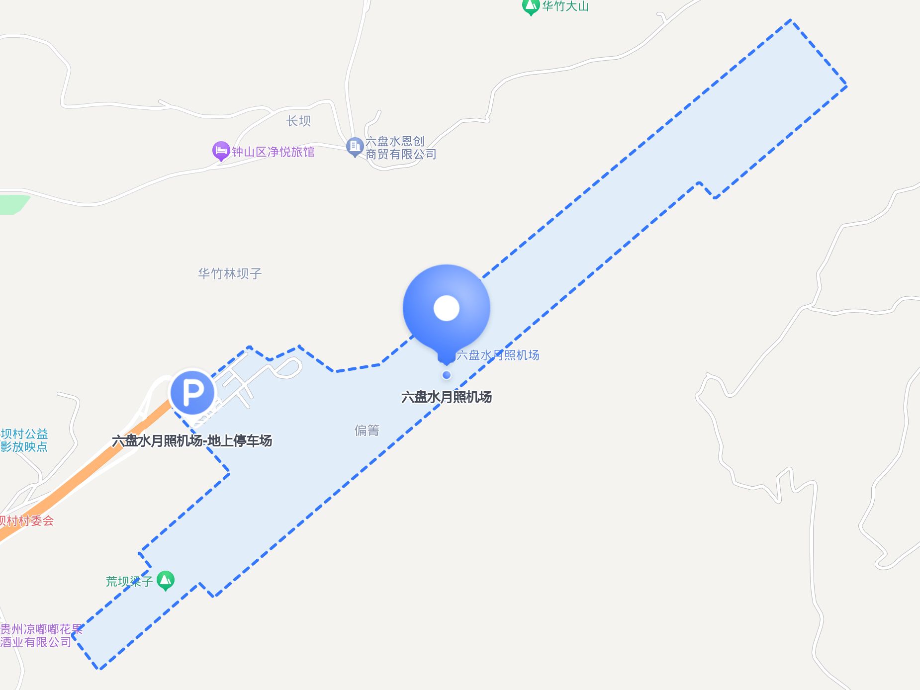 如果你开车去,可以选择这个停车场: 六盘水月照机场 - 地上停车场