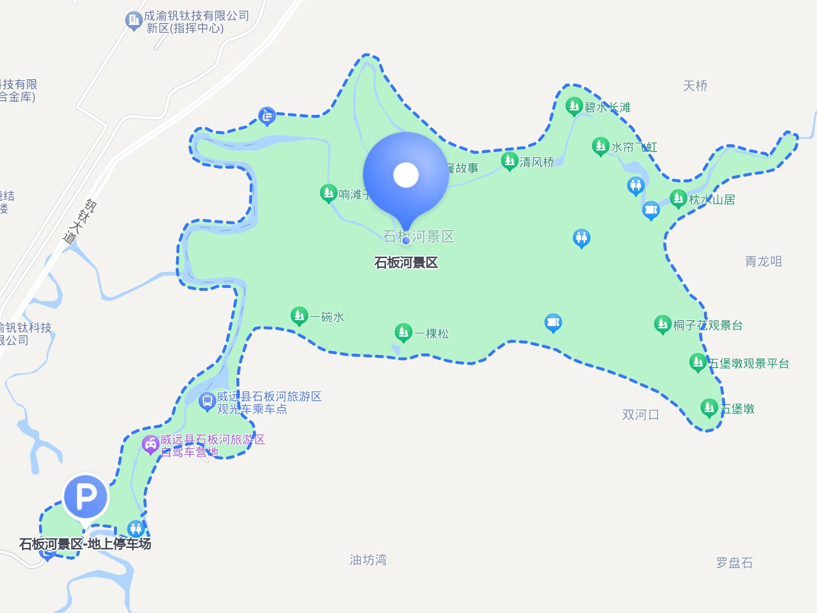 停在这里: 石板河景区-地上停车场 参垦暗县石板河风景区游览路线图
