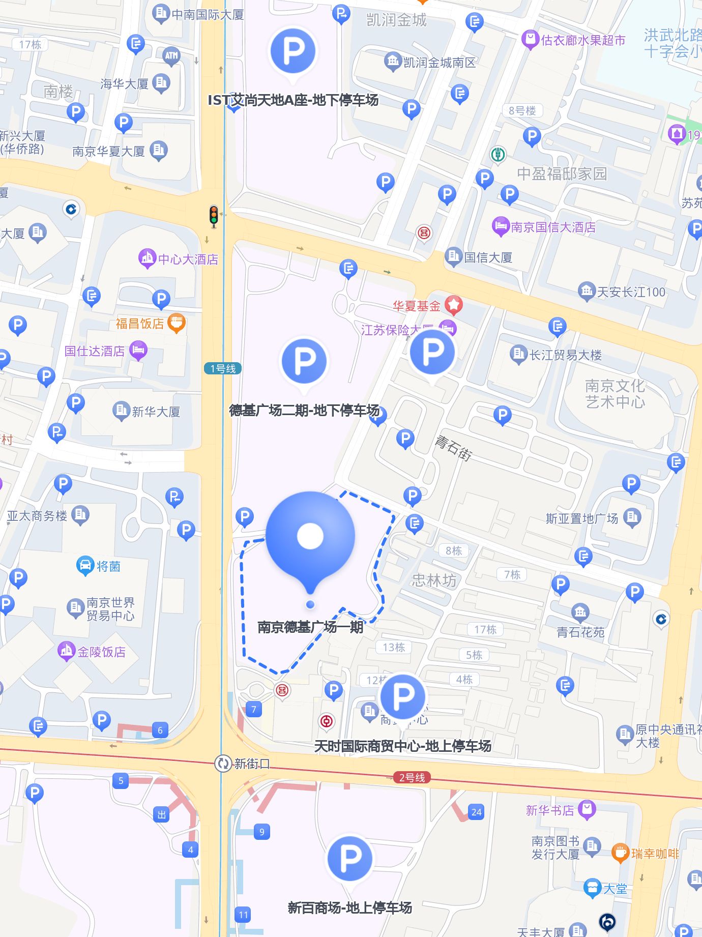 南京德基广场是南京市繁华地段的购物商场,周边有多个停车场供大家