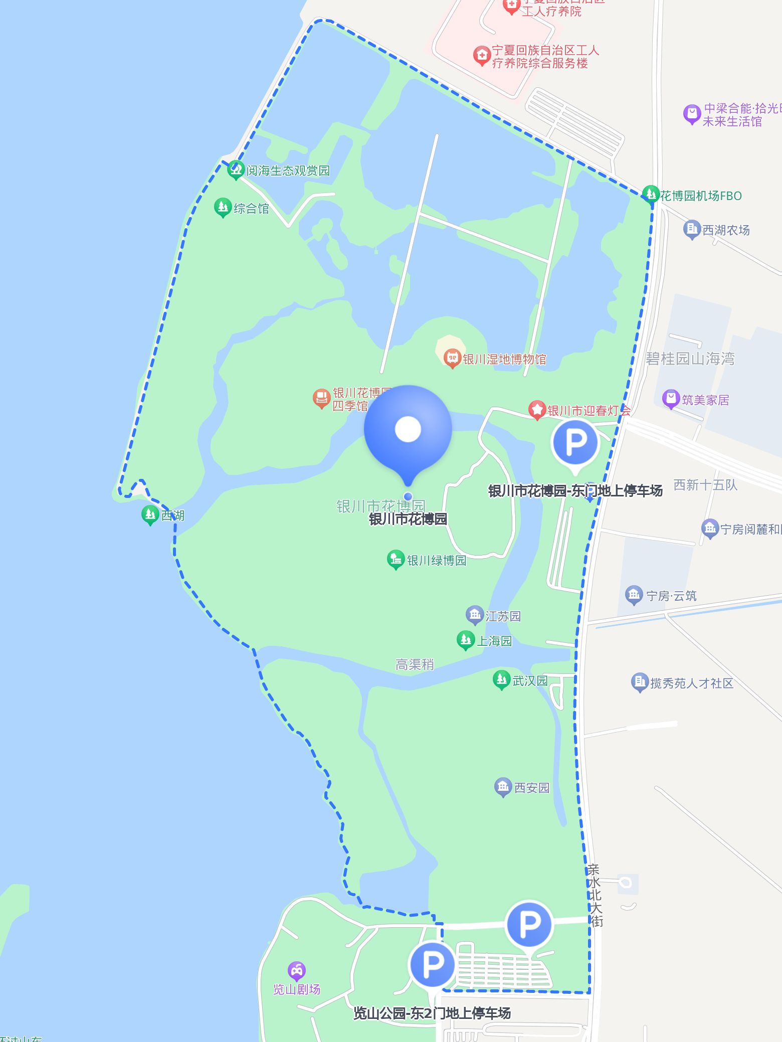 自驾停车场选择: 1 银川市花博园-地上停车场 停车费用:5元/次 参考
