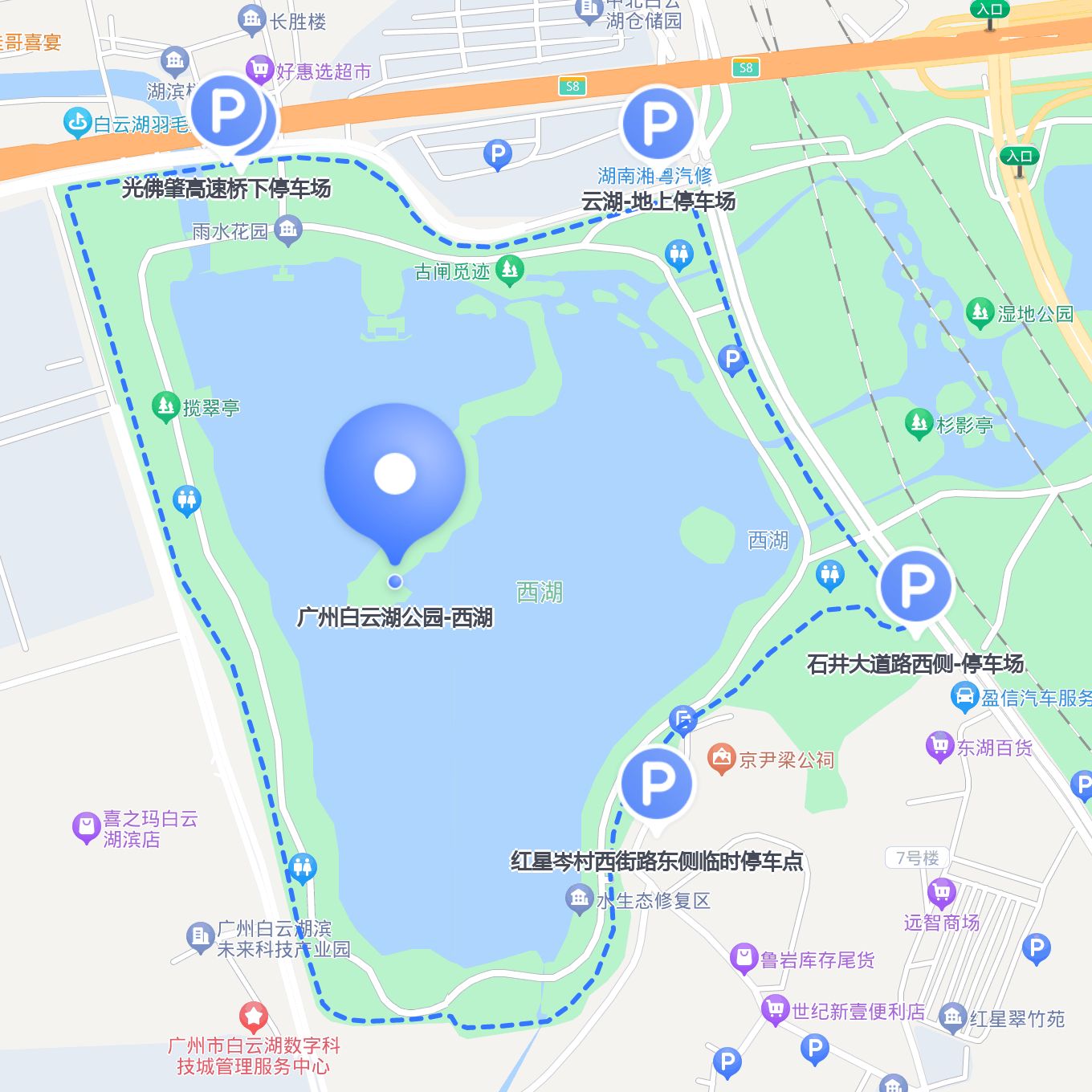 车位信息:临时停车场,即停即走白云湖公园地图白云湖公园地图高清广州