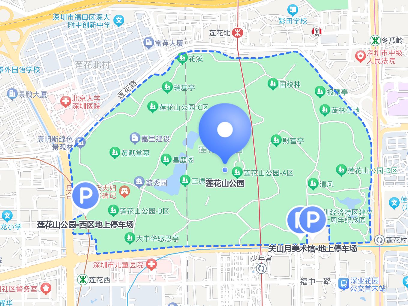 车位情况:180个车位 距离景区:不到深圳莲花山公园地图莲花山公园地图