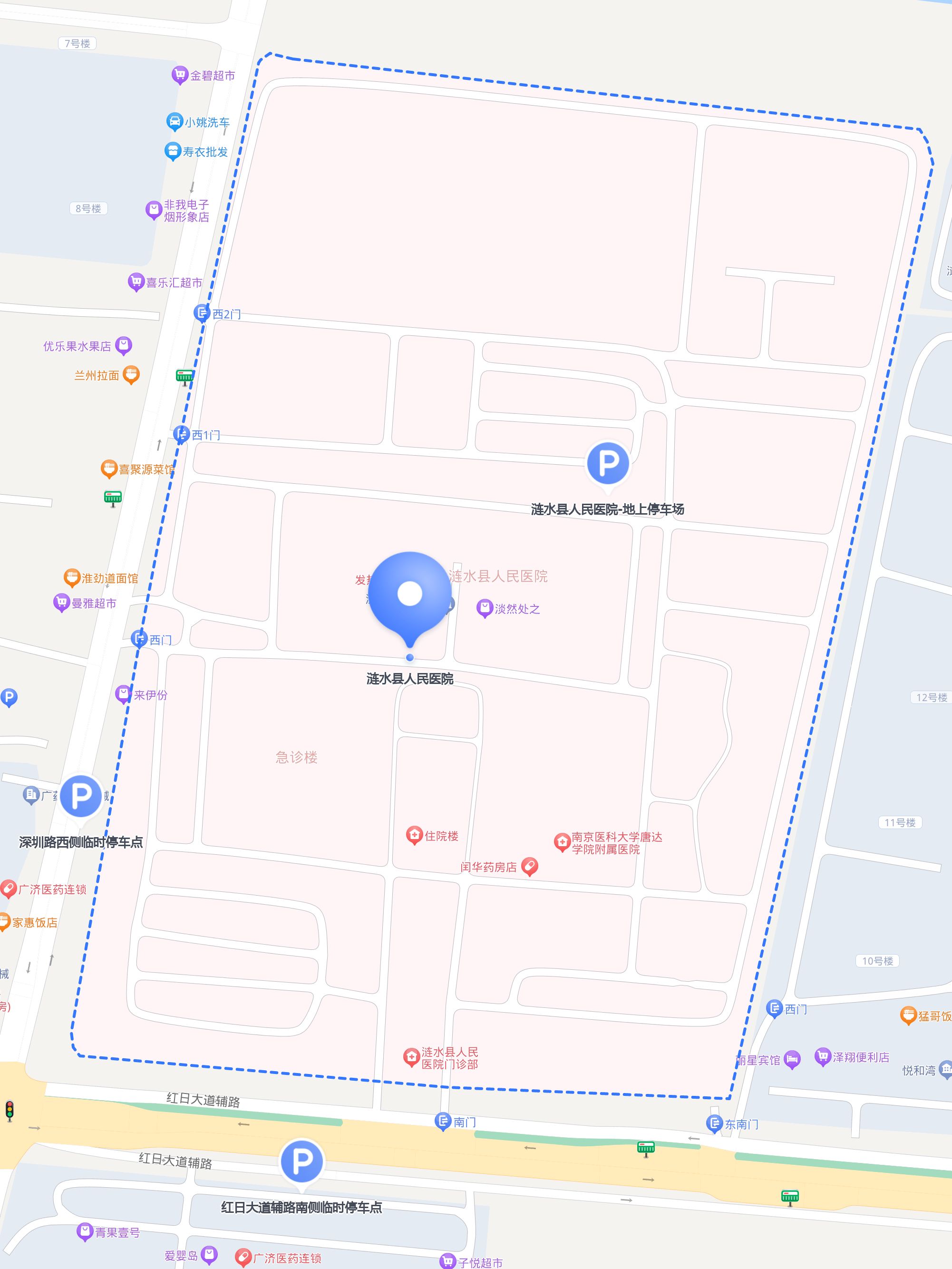 自驾前往,可以停在以下停车场: 1 涟水县人民医院-地上停车场 参