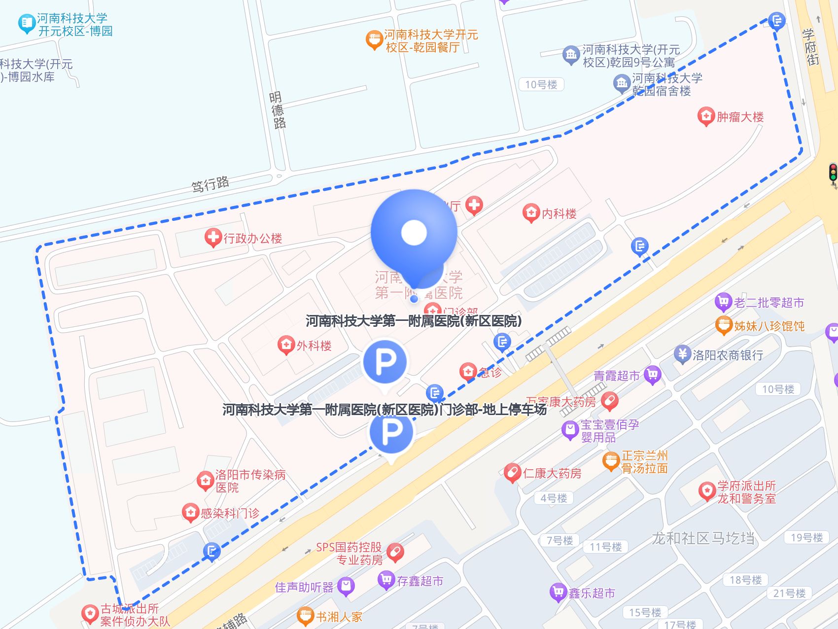 自驾前往,可以停在以下停车场: 1 河南科技大学第一附属医院(新区医院