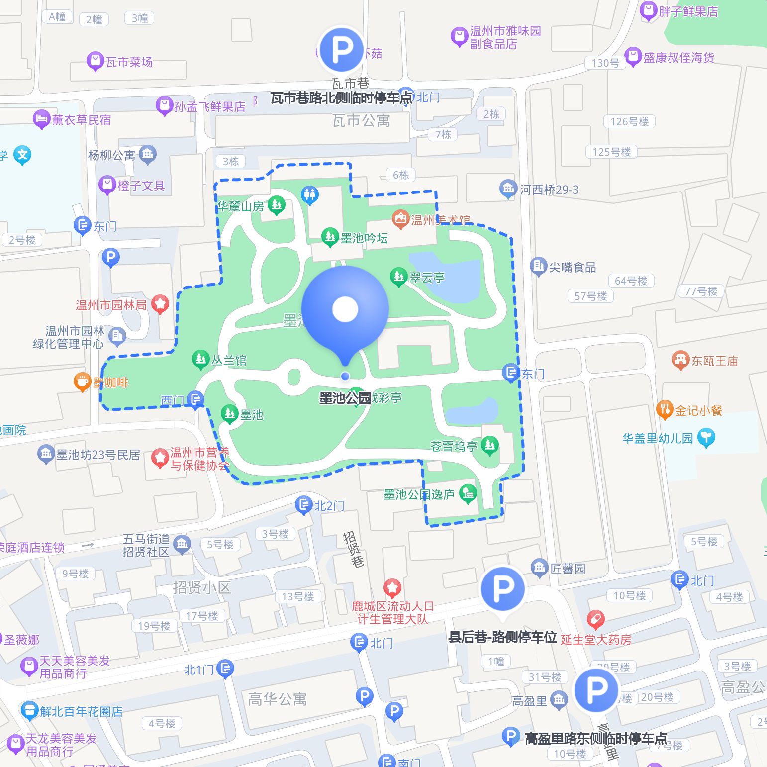 手绘简易温州墨池公园地图比例尺墨池公园平面图温州墨池公园游览路线