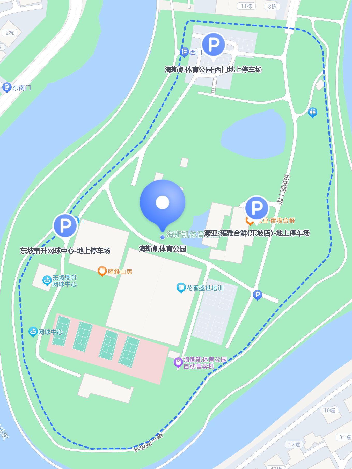 9:00-21:00 自驾抵达的话,以下地方可以停车: 1 东坡鼎升网球中心-地