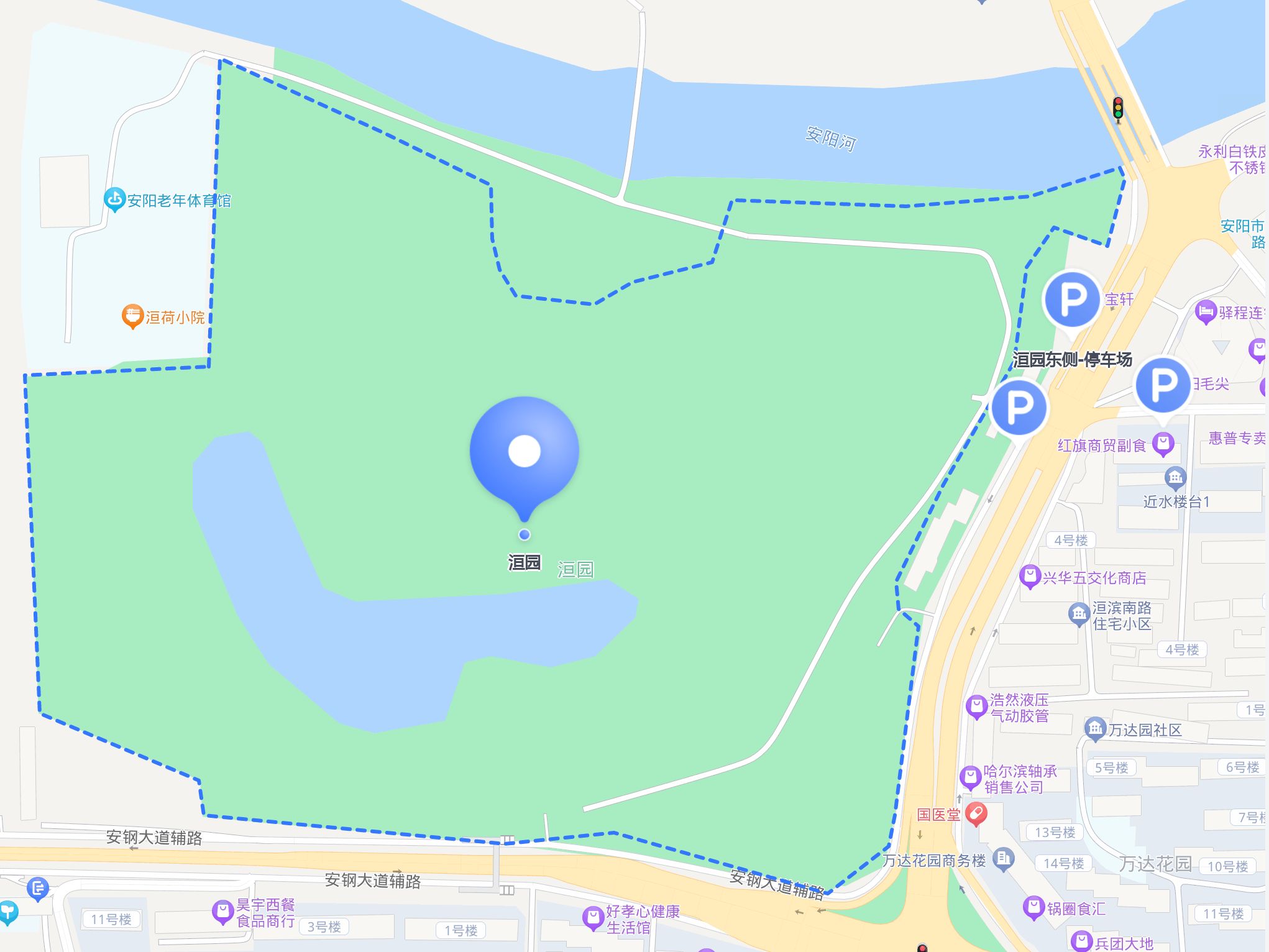 信息:路侧停车场,小心停放;距离景区不到百米,非常方便安阳洹园游览图