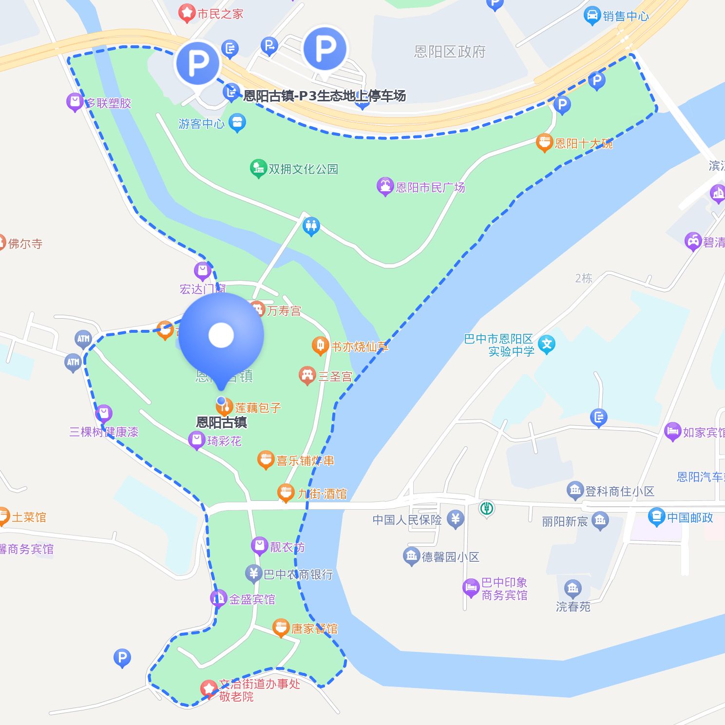 开放时间:全年 全天开放 如果选择自驾,停车悠悠: 恩恩阳古镇地图恩阳