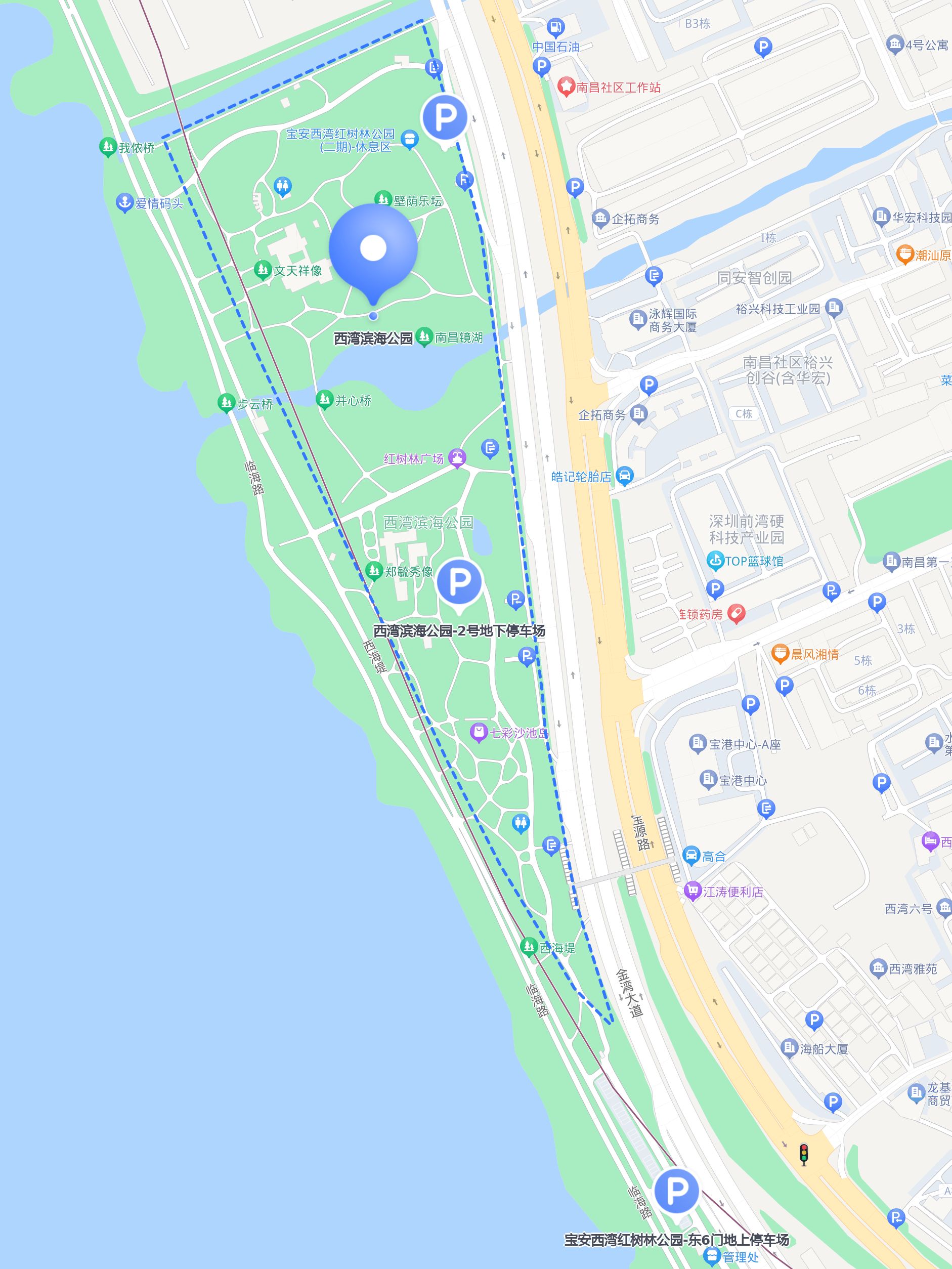 开车的话,可以停在以下停车场: 1 西湾滨海公园