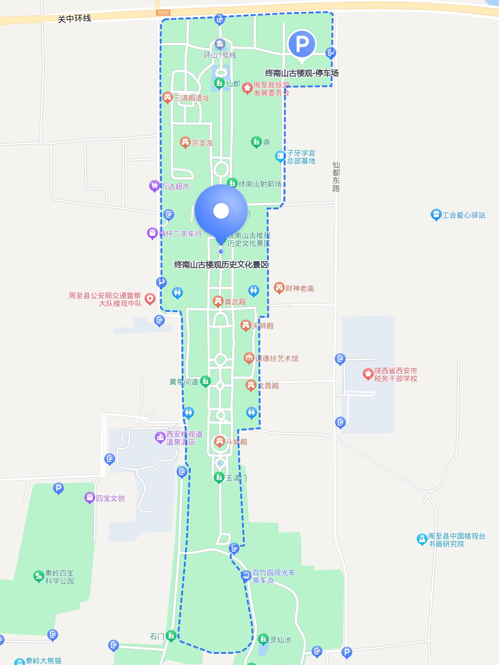 终南山古楼观-停车场 参考信息终南山景区游览地图楼观台景区地图